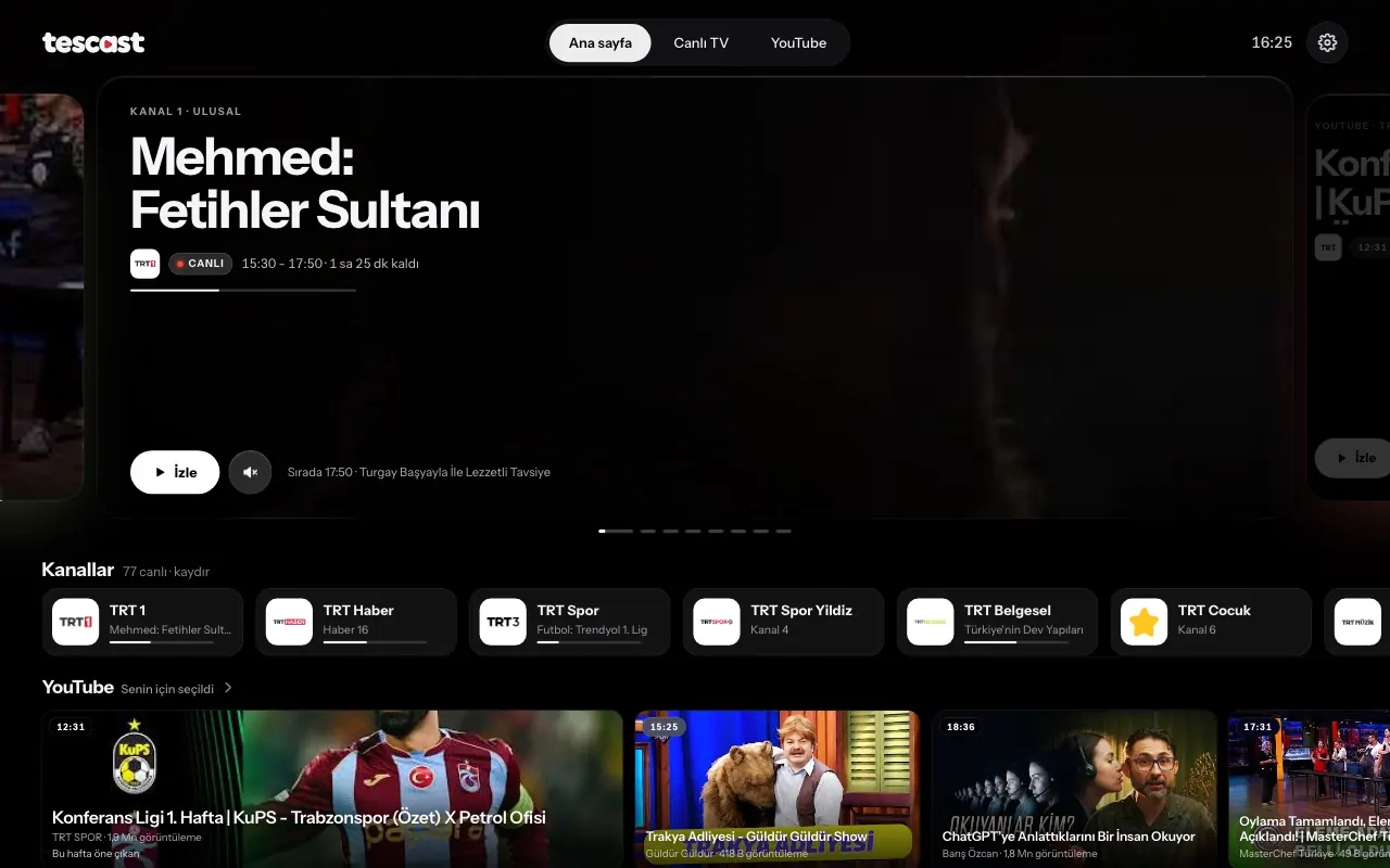 tescast ana sayfası: öne çıkan canlı yayın, kanallar ve YouTube önerileri